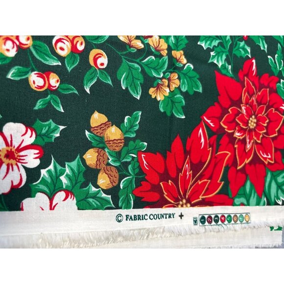 Vintage Christmas Fabric Country Red & Green Poinsettias & Holly Cotton Material - Picture 5 of 6